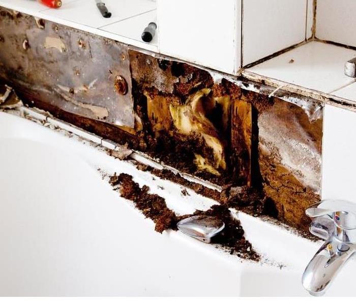Tile being removed behind the bathroom sink in a school, shows mold growth on the wall.
